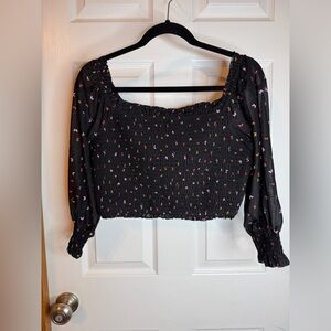 Allie Rose Black Butterfly Crop Blouse with Smocked Detail